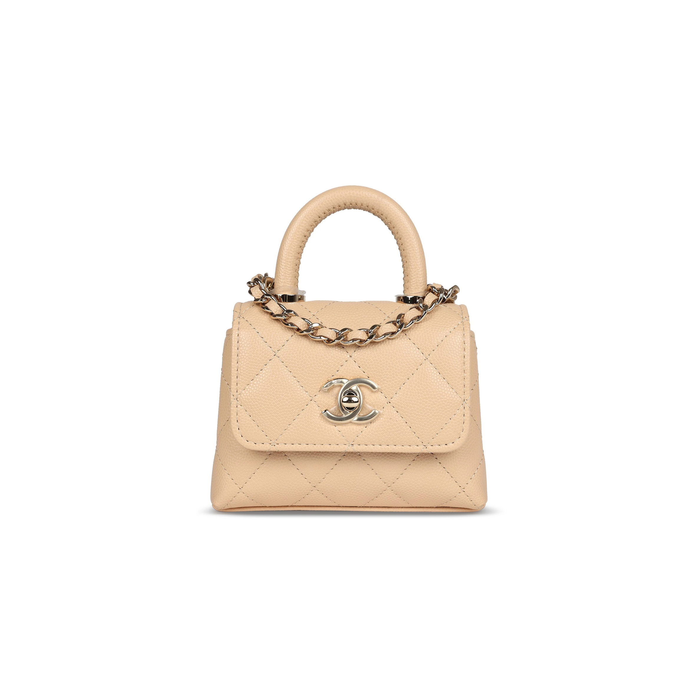 CHANEL MASTER CAVIAR NANO COCO TOP HANDLE FLAP BAG LIGHT GOLD HARDWARE LIGHT BEIGE AP4245 (11*9*5cm)